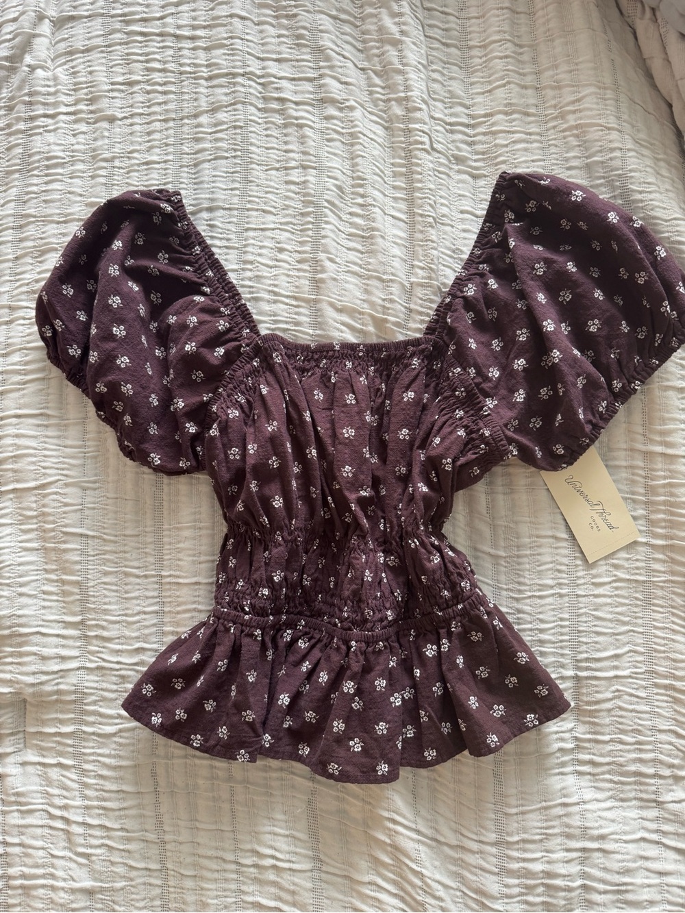 Universal Thread Plum Floral Puff-Sleeve Smocked Peplum Top
